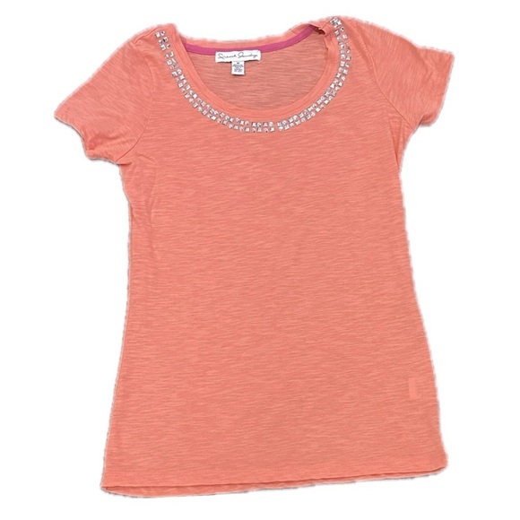 👕🧡 FRENCH LAUNDRY Coral Orange Studded Tee | Women’s M Embellished Top - Picture 1 of 3
